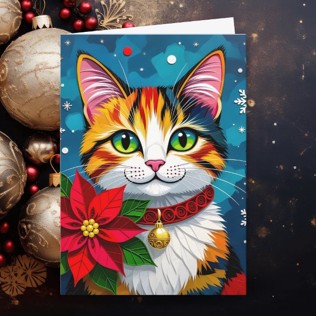 Cat and Poinsettia Personalized Christmas Helgkort (Skapare uppladdad)