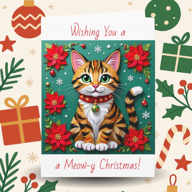 Cat and Poinsettia Personalized Christmas Helgkort (Skapare uppladdad)
