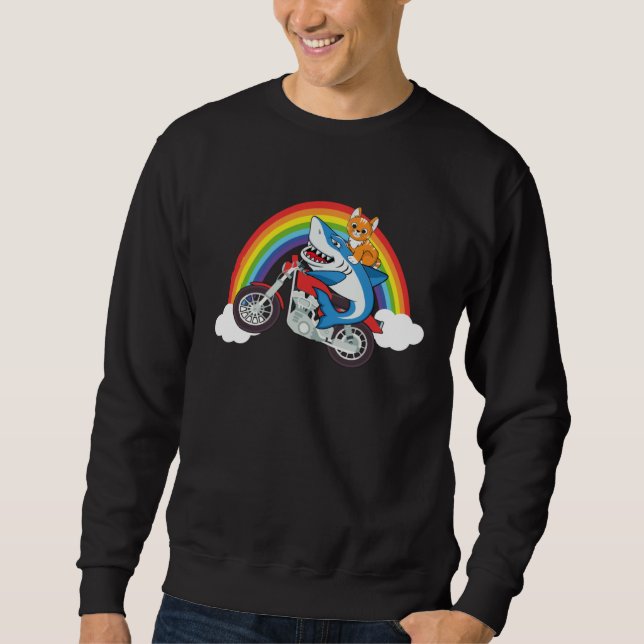 Cat And Shark Riding Motorcycle With Rainbow Graph Lång Ärmad Tröja (Framsida)