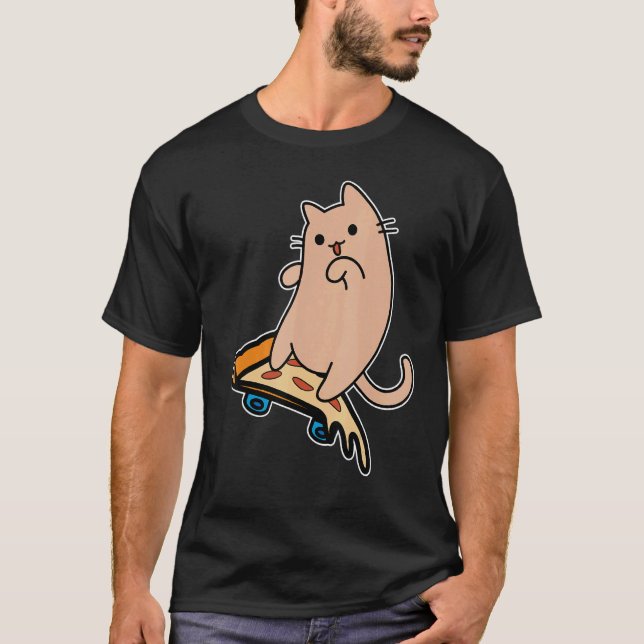 Cat and Skateboard Skateboarding Pepperoni Pizza B T Shirt (Framsida)
