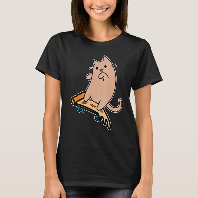 Cat and Skateboard Skateboarding Pepperoni Pizza B T Shirt (Framsida)
