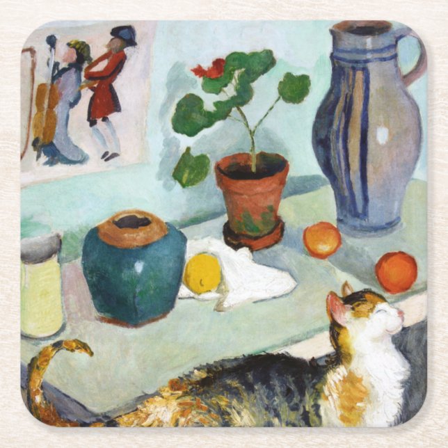 Cat and still Life, August Macke Underlägg Papper Kvadrat (Framsidan)