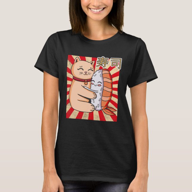 Cat And Sushi Japanese T Shirt (Framsida)