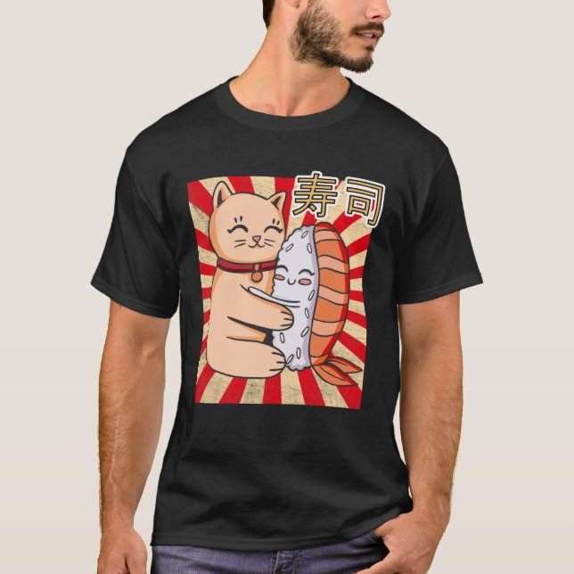 Cat And Sushi Japanese T Shirt (Framsida)