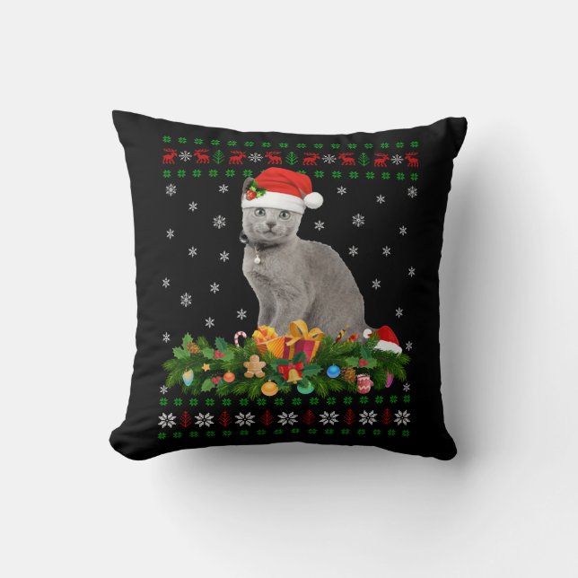 Cat Animal Lover Santa Hat Ugly Blue Cat Kudde (Framsida)