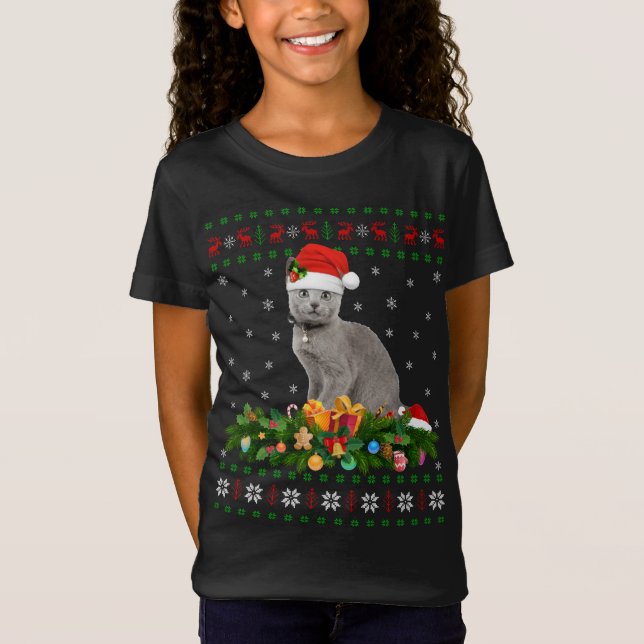 Cat Animal Lover Santa Hat Ugly Russian Blue Cat C T Shirt (Framsida)