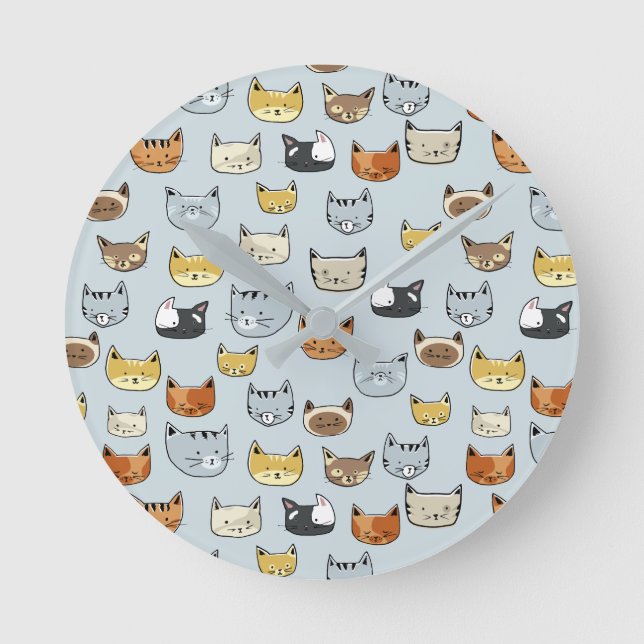 Cat Ansikte Doodle Mönster Rund Klocka (Framsida)