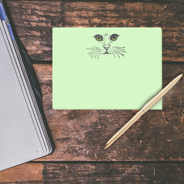 Cat Ansikte Grönt Öga Whiskers Post-it Block (Black drawing of face of cat with whiskers and intense green eyes on light green post it notes.)