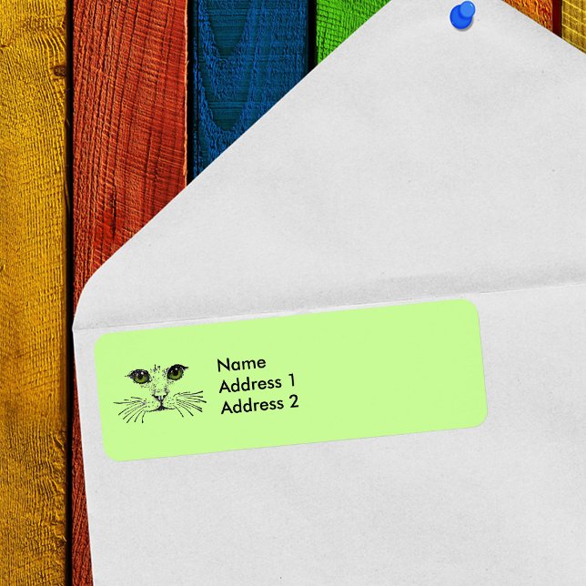 Cat Ansikte Grönt Öga Whiskers Returadress Etikett (Cat face drawing in black with green eyes on light green return address labels.)