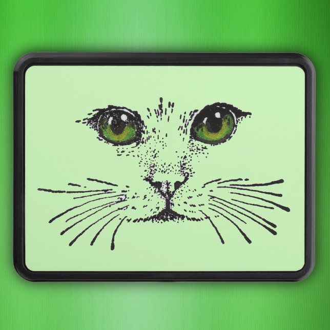 Cat Ansikte Grönt Öga Whiskers Skydd För Dragkrok (Black cat face etching with vibrant green yellow eyes and whiskers on light green truck hitch cover.)
