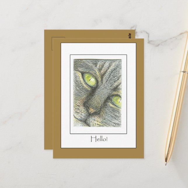 Cat Ansikte Hej! Hand plockade Art-kort Vykort (Fram/Back In Situ)