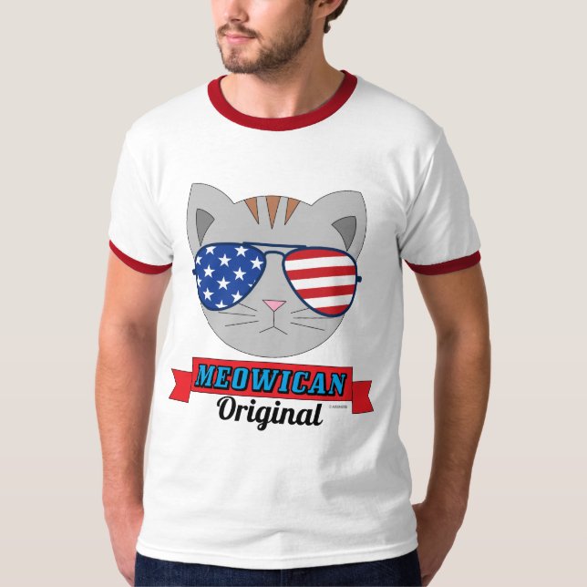 Cat Ansikte med American Flagga Sunglasses Funny T Shirt (Framsida)