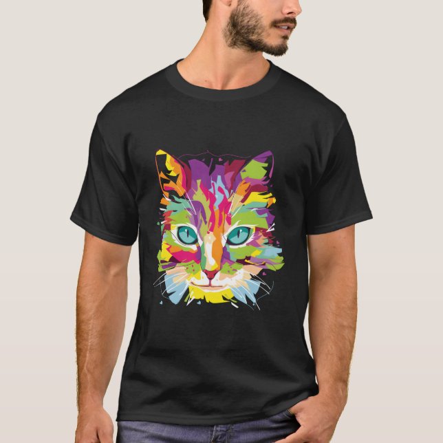 Cat Ansikte med flera Färgader T Shirt (Framsida)