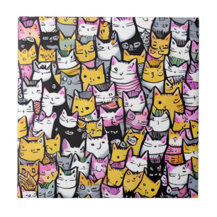 Cat ansikte mönster doodle print kattdjur kattunge kakelplatta