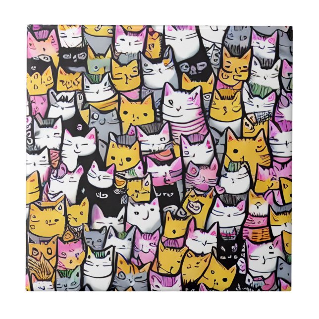 Cat ansikte mönster doodle print kattdjur kattunge kakelplatta (Framsidan)