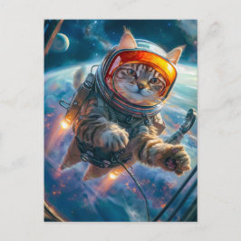Cat astronaut floating in deep space scene helg vykort