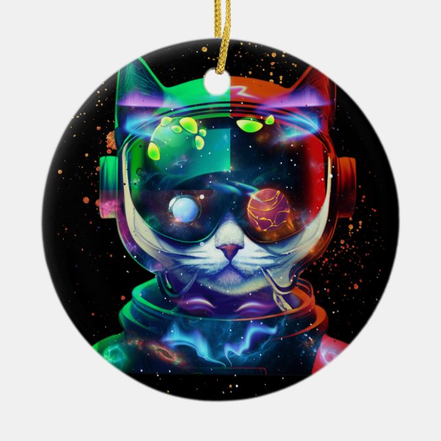 Cat Astronaut i Space Kostym och Helmet i Cosm Julgransprydnad Keramik (Framsidan)