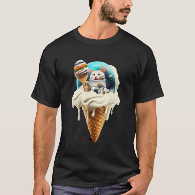 Cat Astronaut Ice Cream Graphic Tees Men Women Boy T Shirt (Framsida)