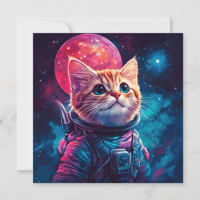 Cat astronaut rosa space inbjudningar (Framsida)