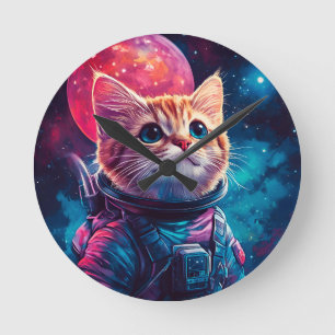 Cat astronaut rosa space rund klocka