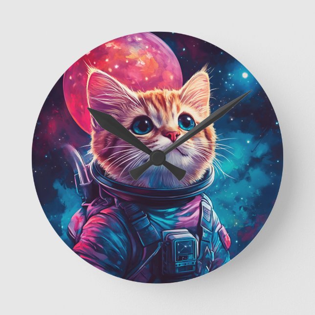 Cat astronaut rosa space rund klocka (Framsida)