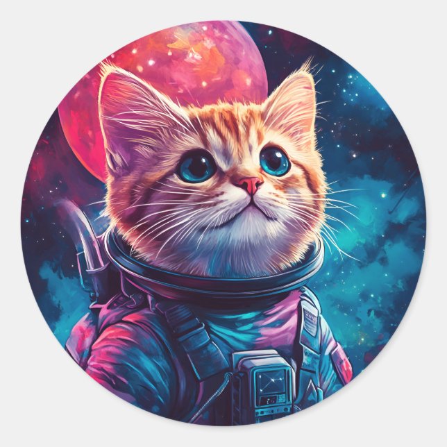 Cat astronaut rosa space runt klistermärke (Framsida)