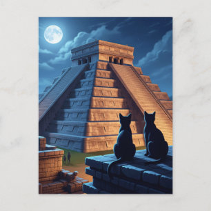 Cat at at Chichen Itza Mexico Night Vykort