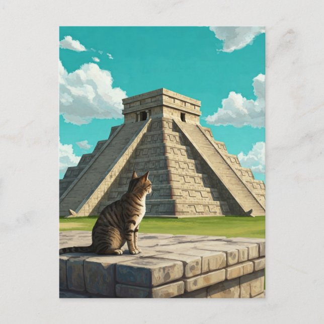 Cat at at Chichen Itza Mexico Travel Vykort (Framsida)
