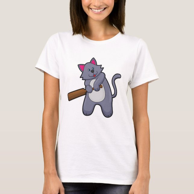 Cat at Cricket with Cricket bat T Shirt (Framsida)