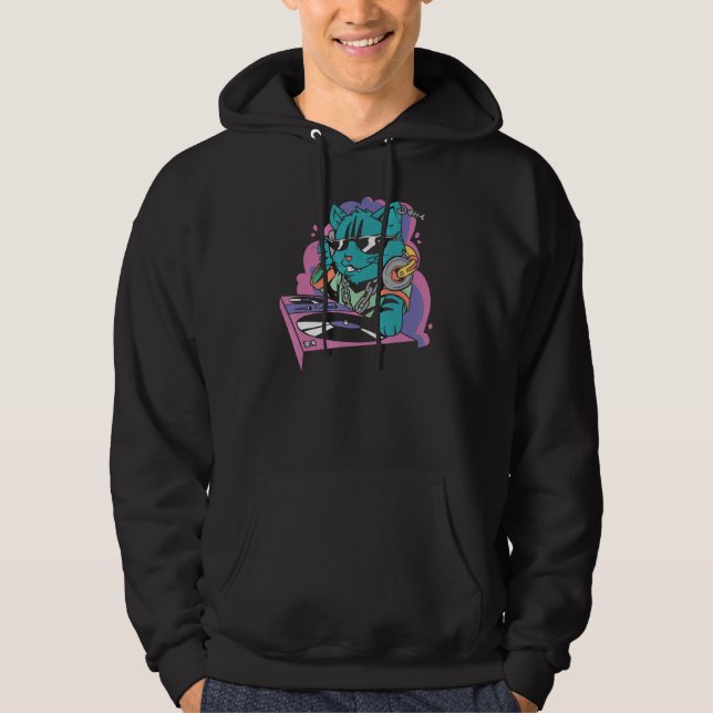Cat at DJ desk Hoodie (Framsida)