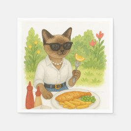 Cat äter Fish and Chip i London England Pappersservett