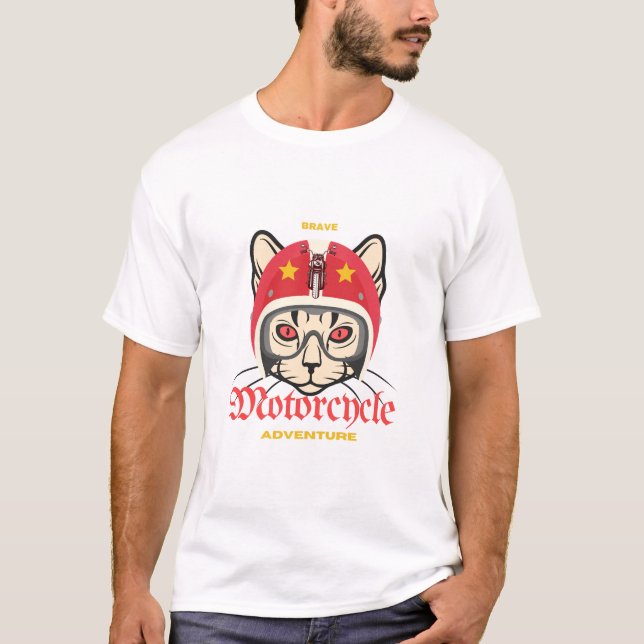 Cat Äventyr Motorcycle Road Modig Red Helmet T Shirt (Framsida)
