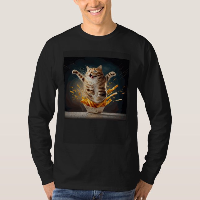 Cat Backfloating French Fries T Shirt (Framsida)