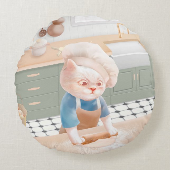 Cat Baker Baby - Mysigt morgon Kneading Rund Kudde (Framsidan)