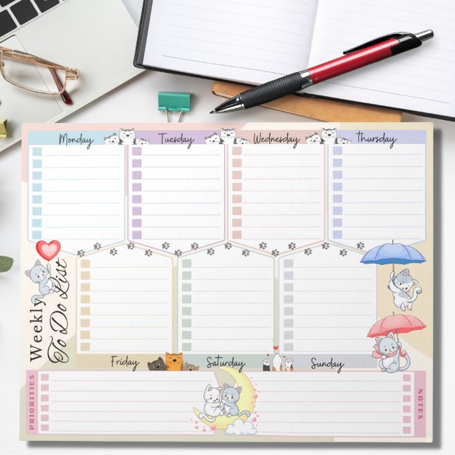 Cat Balloon Parbrella Multifärgad Weekly to Do Lis Anteckningsblock (Skapare uppladdad)