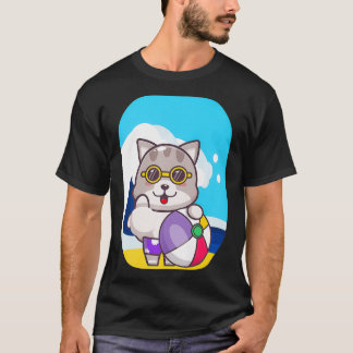 Cat Beach Boll Sea Vågar Tea Anime Neko Chibi dra T Shirt
