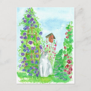 Cat Bird House Hollyhocks Summer Garden Flowers Vykort