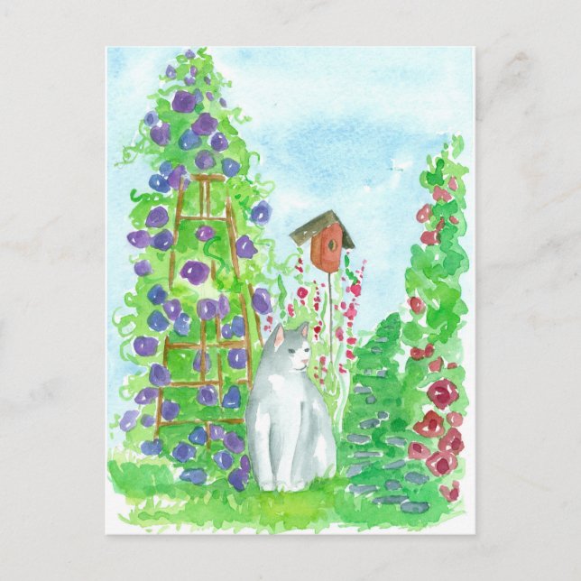 Cat Bird House Hollyhocks Summer Garden Flowers Vykort (Framsida)