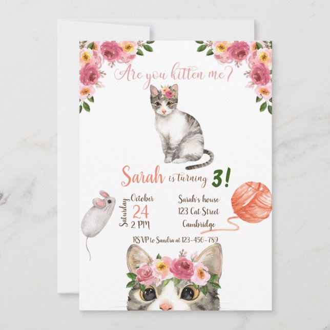 Cat Birthday Invitation, Cat Invitation, Kitty Inbjudningar (Framsida)