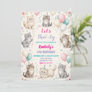 Cat Birthday Invitation Kitten Party Pawty Girl Inbjudningar
