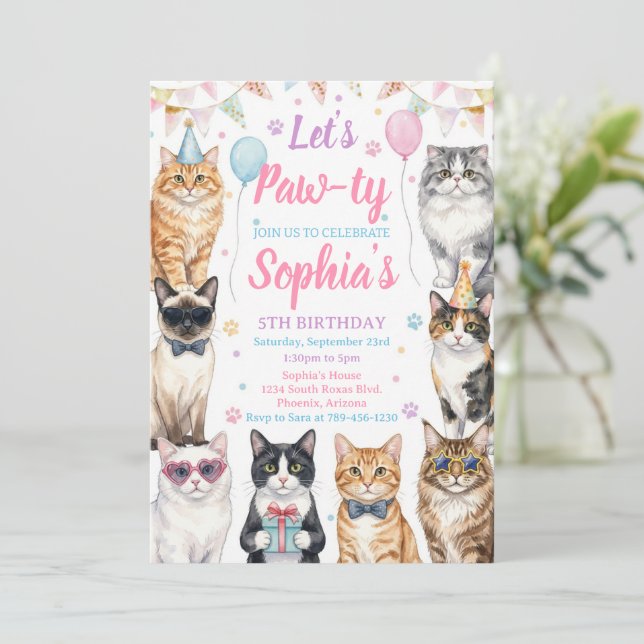 Cat Birthday Invitation Kitten Party Pawty Girl Inbjudningar (Stående Fram)