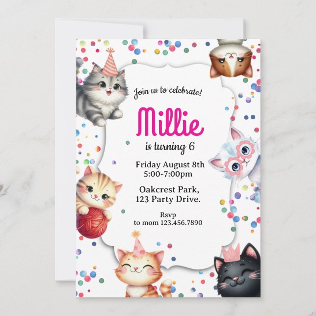cat birthday invitation, kitty party invite inbjudningar (Framsida)