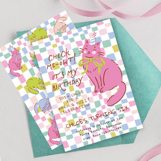 Cat Birthday Invite, Girls Party Invite, Retro Cat Inbjudningar