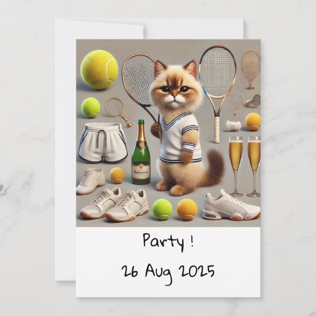 Cat Birthday Théfor Tennis Player Inbjudningar (Framsida)