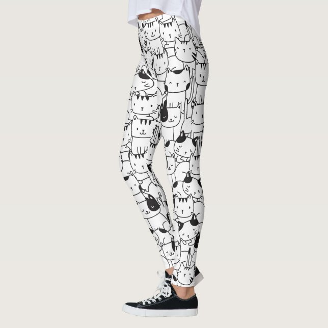 Cat Black and White Cute Mönster Leggings (Vänster)