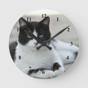 Cat Black and White Tuxedo Photo Rund Klocka