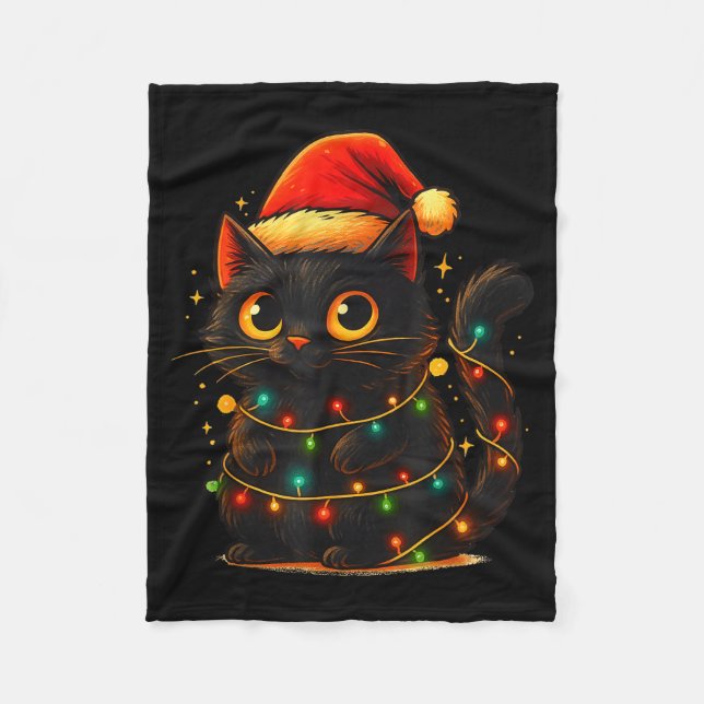 Cat Black Christmas Tree Lights Funny Santa Kitten Fleecefilt (Framsidan)