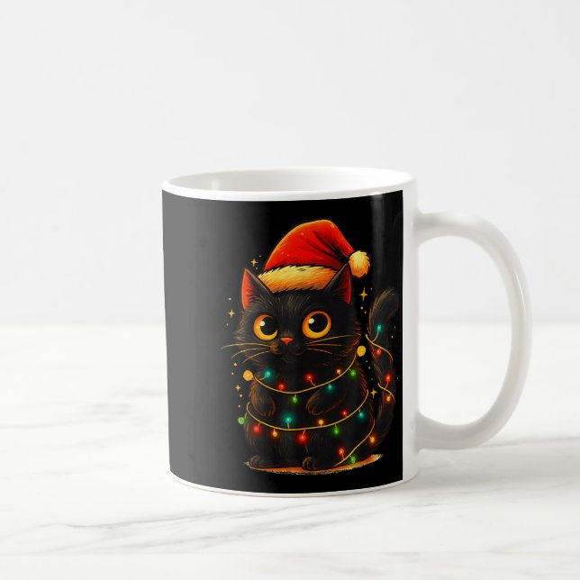 Cat Black Christmas Tree Lights Funny Santa Kitten Kaffemugg (Höger)