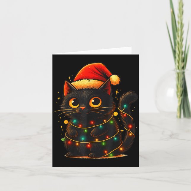 Cat Black Christmas Tree Lights Funny Santa Kitten Kort (Framsida)
