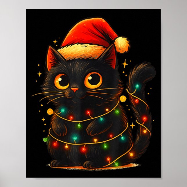 Cat Black Christmas Tree Lights Funny Santa Kitten Poster (Framsidan)